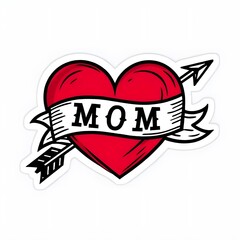 Vibrant Red Heart Tattoo Sticker with "Mom" Banner and Arrows