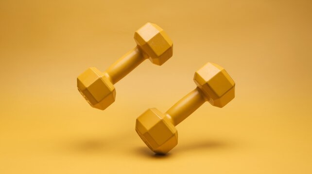 Two yellow hexagonal dumbbells floating mid-air a yellow background. ideal for fitness or sports-themed designs