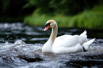 Fototapeta premium A graceful swan gliding through a serene river, surrounded by lush greenery and gentle ripples