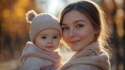 Obraz premium Mother holding her baby in a forest during a beautiful sunny autumn day