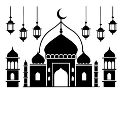 Timeless Mosque Illustration with Eid Mubarak Arabic Calligraphy.