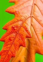 Obraz premium Close Up of Colorful Autumn Leaf with Green Background