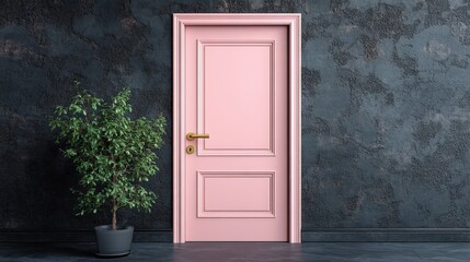 Soft pastel pink door contrasts with dark charcoal wall in elegant interior design