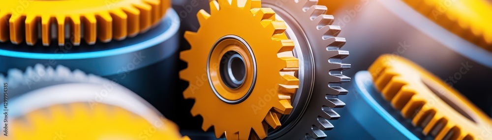 Poster Close up of Interlocking Yellow and Gray Gears Mechanical Engineering Abstract Background