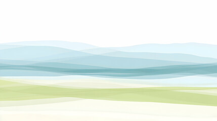 Obraz premium Serene abstract landscape illustration featuring soft blue mountains and pale green fields; ideal for calming backgrounds, websites, or print designs.