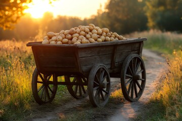 Old wooden cart full of potatoes standing in a field at sunset