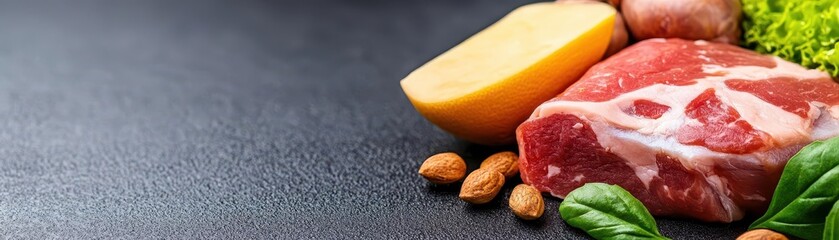Obraz premium Close up of Raw Pork with Potatoes and Almonds on Dark Background