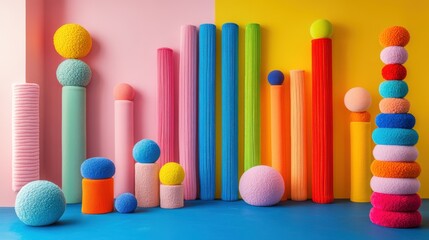 Vibrant wall hangings and toy interior items in a colorful studio setting