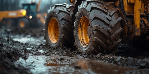 Tractor wheels covered in mud on a construction site