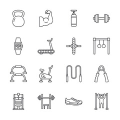 A set of fitness icons including a dumbbell, a kettlebell, a jump rope