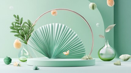Serene Green Minimalist Still Life with Fan and Plants