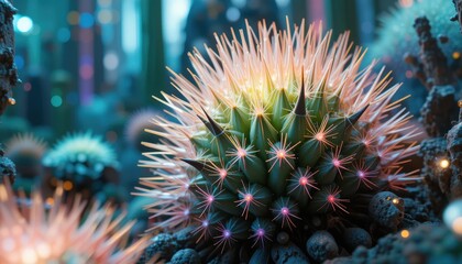 Obraz premium Stunning Close Up of a Unique Cactus Plant with Pink Spines Thriving in a Vibrant Garden Setting