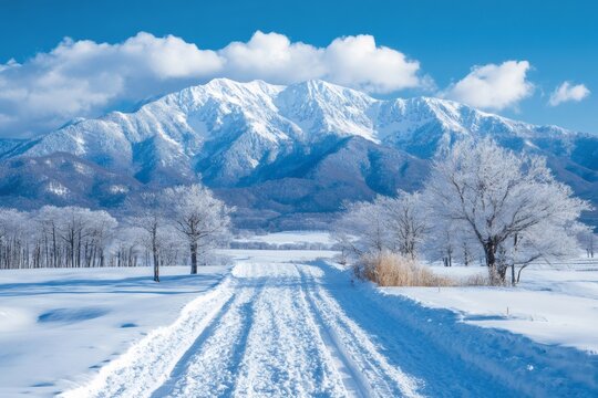 Snowy road leading to snow capped mountains in winter