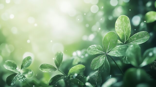  A close-up, sunlit scene of a lush patch of shamrock leaves with varying shades of green, creating a textured and natural background.