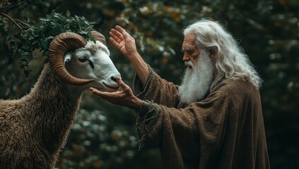 A ram caught by its horns in a thicket. Abraham prepares to sacrifice it. Bible story.