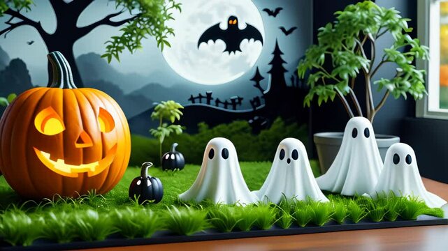 Spooky decorations bring the spirit of Halloween to life in a cozy indoor setting with glowing pumpkin and friendly ghosts