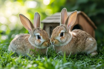 Fototapeta premium Two adorable brown rabbits touching noses in green grass