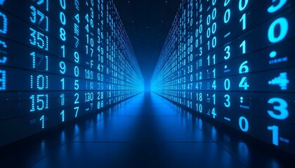 Futuristic data center with glowing blue lights and digital codes