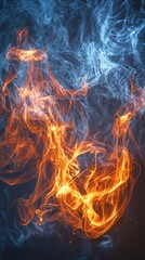 Fototapeta premium Fiery blue smoke swirls against dark background. Abstract art, design, graphic
