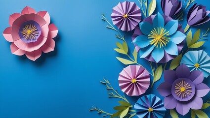Floral paper cutout arrangement on a blue background.