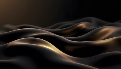 Abstract black silk fabric waves with golden highlights.
