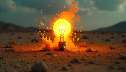 Glowing light bulb on cracked ground with fire sparks.