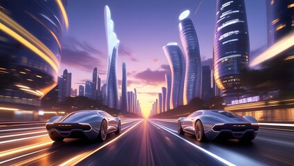 Futuristic city road with fast sports cars.