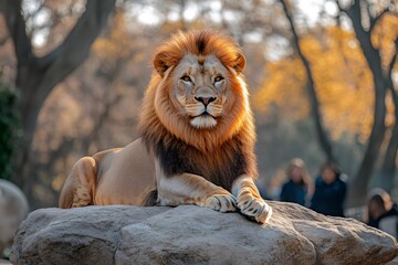 Obraz premium Majestic lion resting on a rock, enjoying the afternoon sun