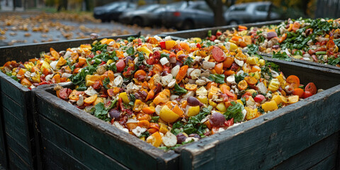 Overflowing trash bins filled with food scraps line a street, highlighting food waste. Use for environmental, sustainability, or waste management blogs/sites.