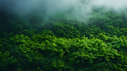 Aerial View of a Dense Green Forest Canopy with Fog and Mist Over the Trees in Daylight