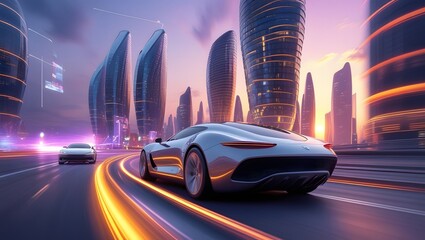 Futuristic city with fast-moving luxury sports car.