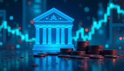 Digital stock market graph with a glowing financial building.	