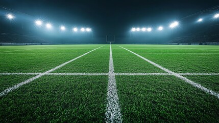 Obraz premium Wideangle view of an empty football field under bright lights, perfectly manicured grass, clean white lines, ultrarealistic, highquality resolution