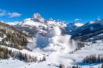 A breathtaking aerial view of a powerful avalanche roaring through a deep valley