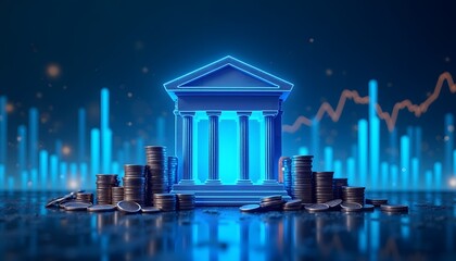 Glowing blue financial building with stock market trends.