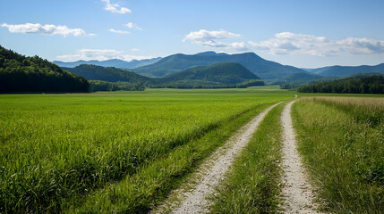 Scenic Landscape Of Green Field And Dirt Road Under Blue Sky And White Clouds