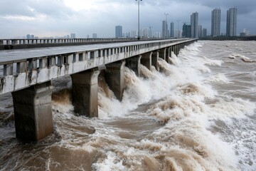 A bridge being swallowed by storm surges as a typhoon moves inland