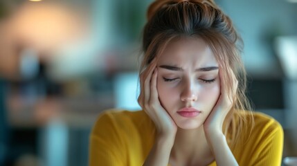Fototapeta premium Young woman suffering from headache, touching temples with closed eyes