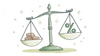 A balance scale illustrates the comparison between money and interest rates, symbolizing financial decisions and economic concepts.