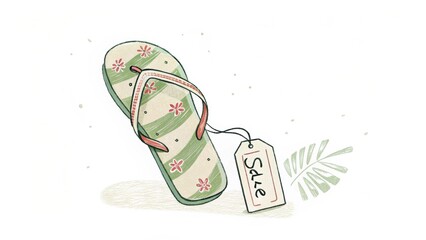A stylish green flip-flop with floral patterns and a sale tag, perfect for summer outings or beach days.
