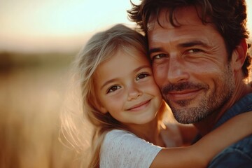 Father and daughter are hugging in a wheat field at sunset