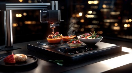 Innovative food printing technology urban kitchen culinary art modern design close-up view future cuisine concept
