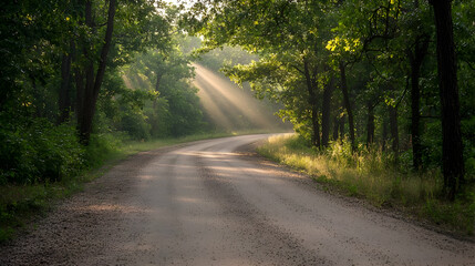 Naklejka premium Sunlit Dirt Road Winding Through Lush Green Forest with Sunlight Streaming Through the Trees