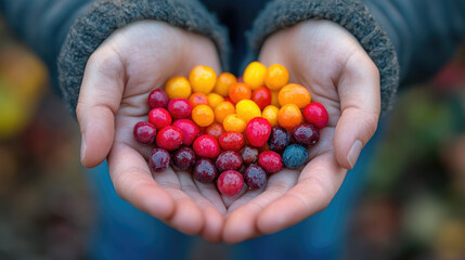 Hands holding a collection of colorful cranberries, suitable for food blogs, Thanksgiving recipes, or discussions on fall harvest and natural foods.