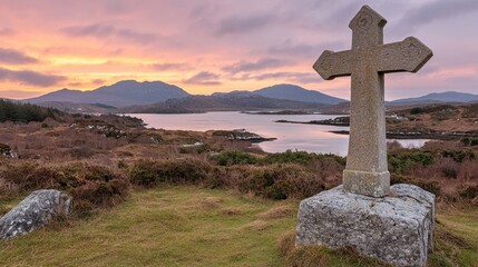 Serene Landscape at Sunset Featuring Ancient Stone Cross in Ireland