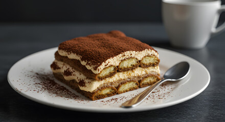 Decadent Tiramisu Slice with Coffee, Close-up Detail