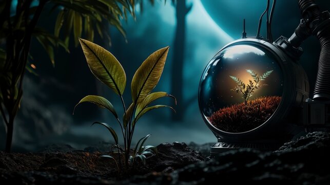 Robotic system nurturing plants alien landscape visual art surreal environment close-up futuristic concept