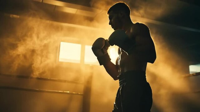 A man wearing boxing gloves is training in a fighting stance.