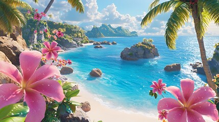 Tranquil Tropical Beach Scene With Pink Flowers And Clear Blue Water