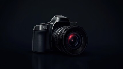 Dark DSLR camera on a reflective surface.